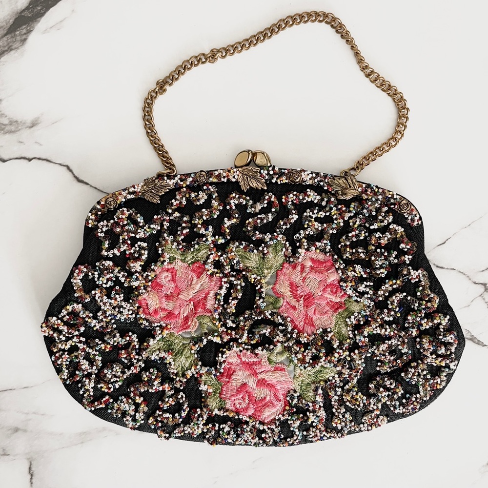 Vintage la France rose embroidered clutch bag